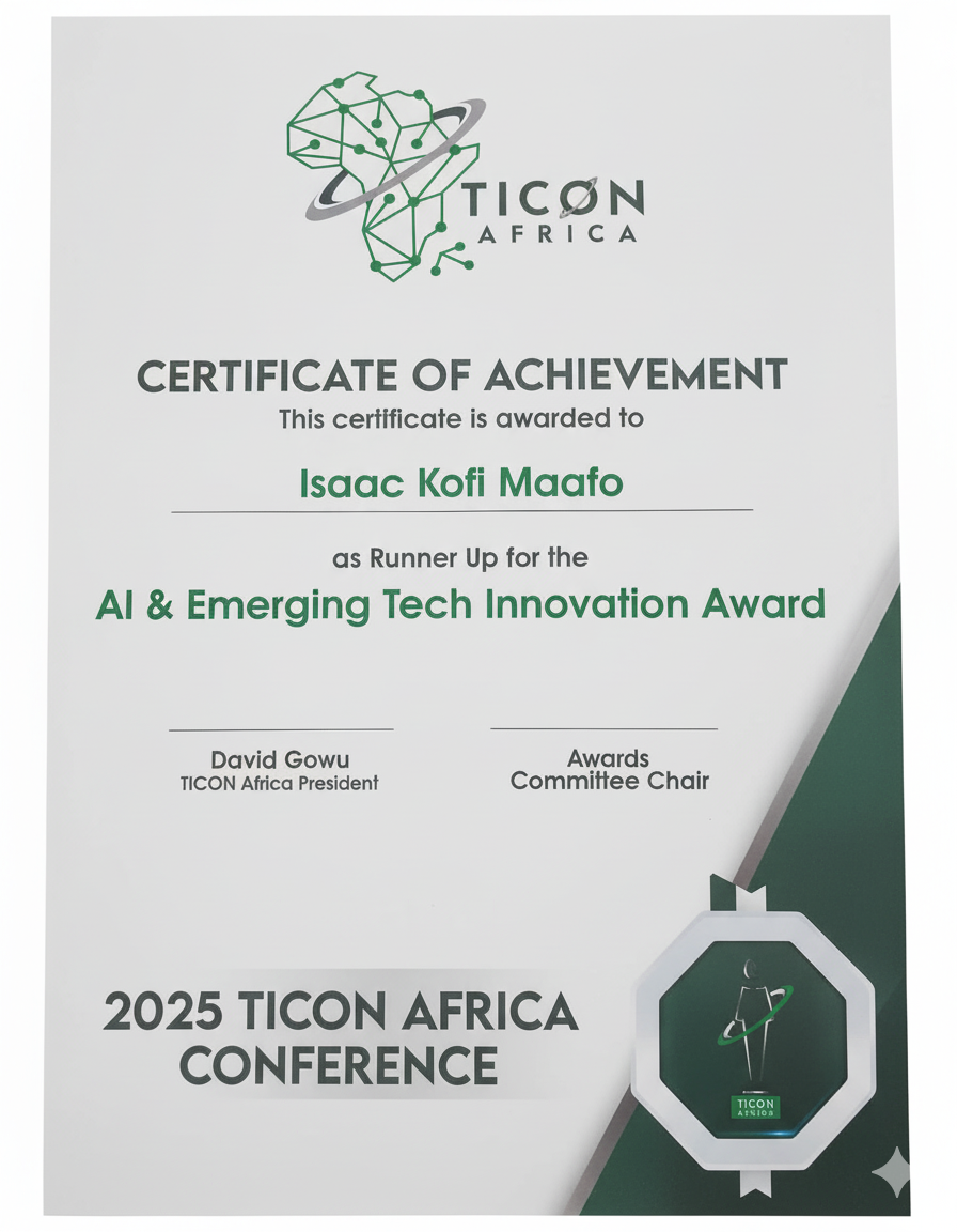 TICON Africa 2025 - Certificate of Achievement for AI & Emerging Tech Innovation Award