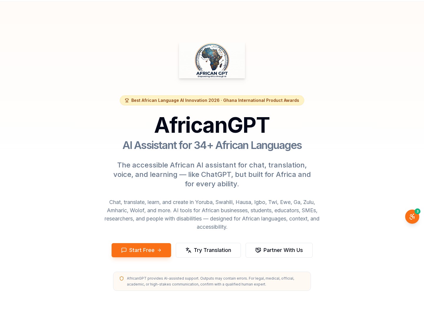 AfricanGPT — An accessible AI assistant for chat, translation, voice and learning across 34+ African languages — built for Africa and for every ability.