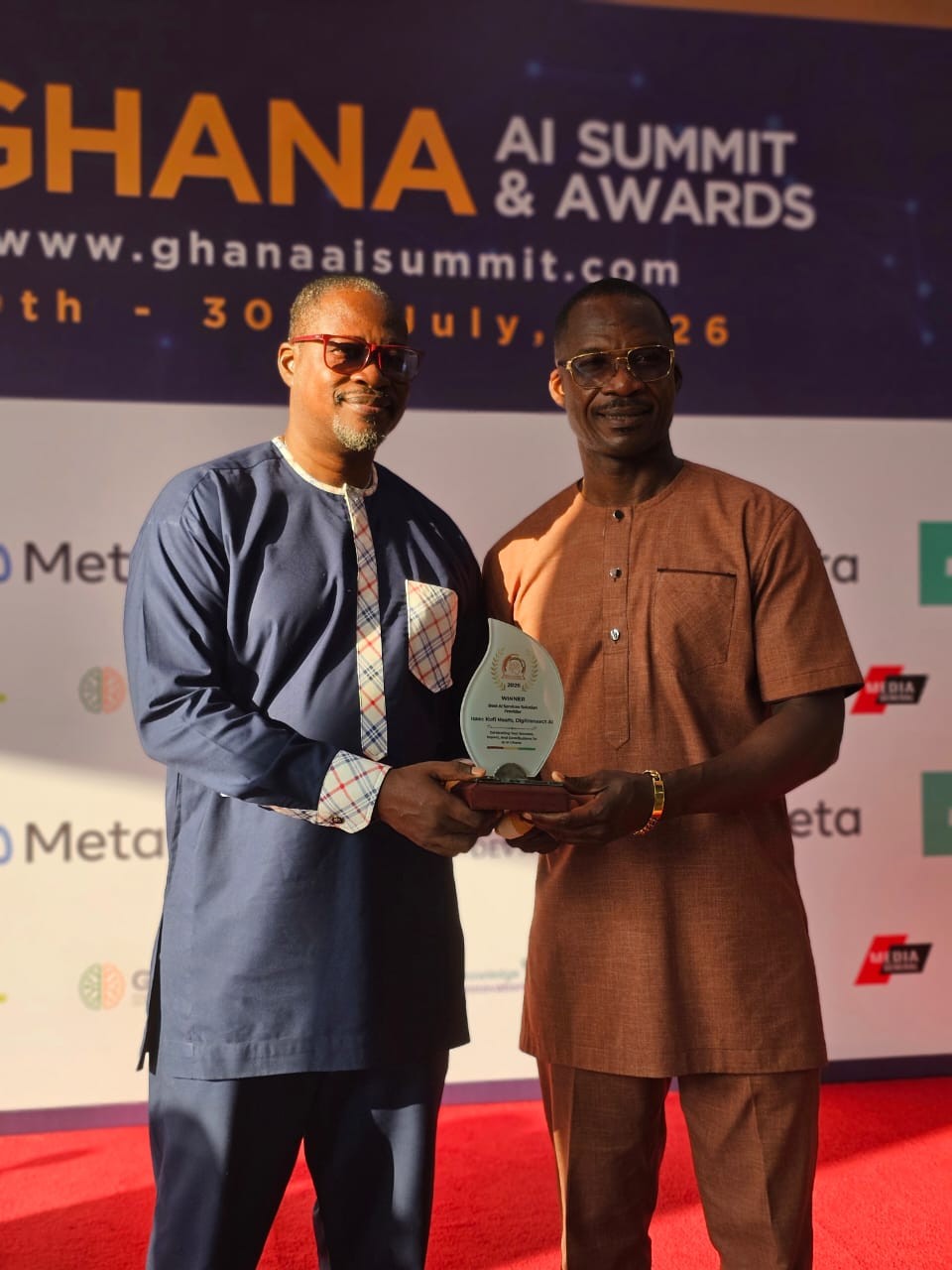 DigiTransact AI receiving the Best AI Services Solution Provider award on stage at the Ghana AI Summit & Awards 2026 in Accra