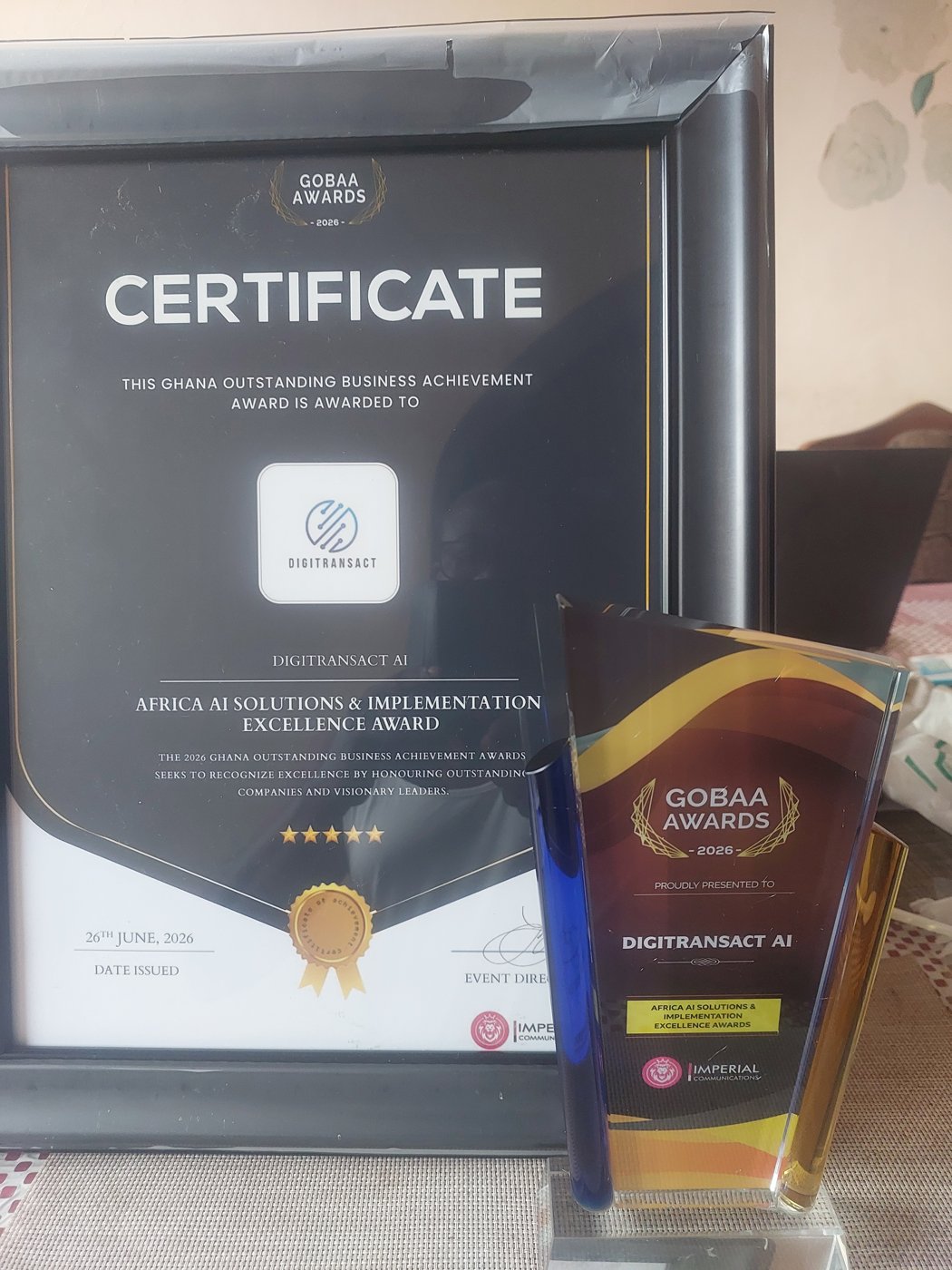 GOBAA Awards 2026 Certificate and Trophy - Africa AI Solutions & Implementation Excellence awarded to DigiTransact AI