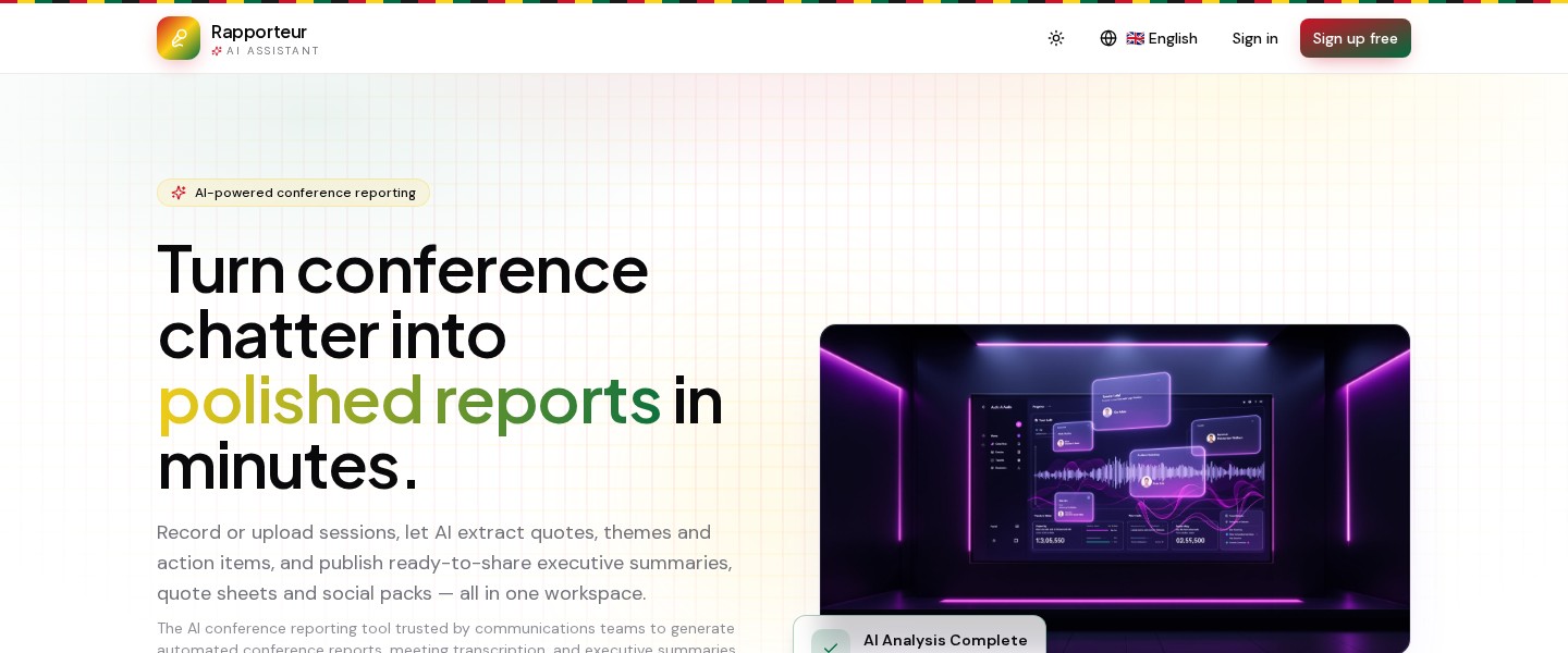 Rapporteur AI — Turns live conference sessions into polished reports, executive summaries, quote sheets and social packs in minutes.
